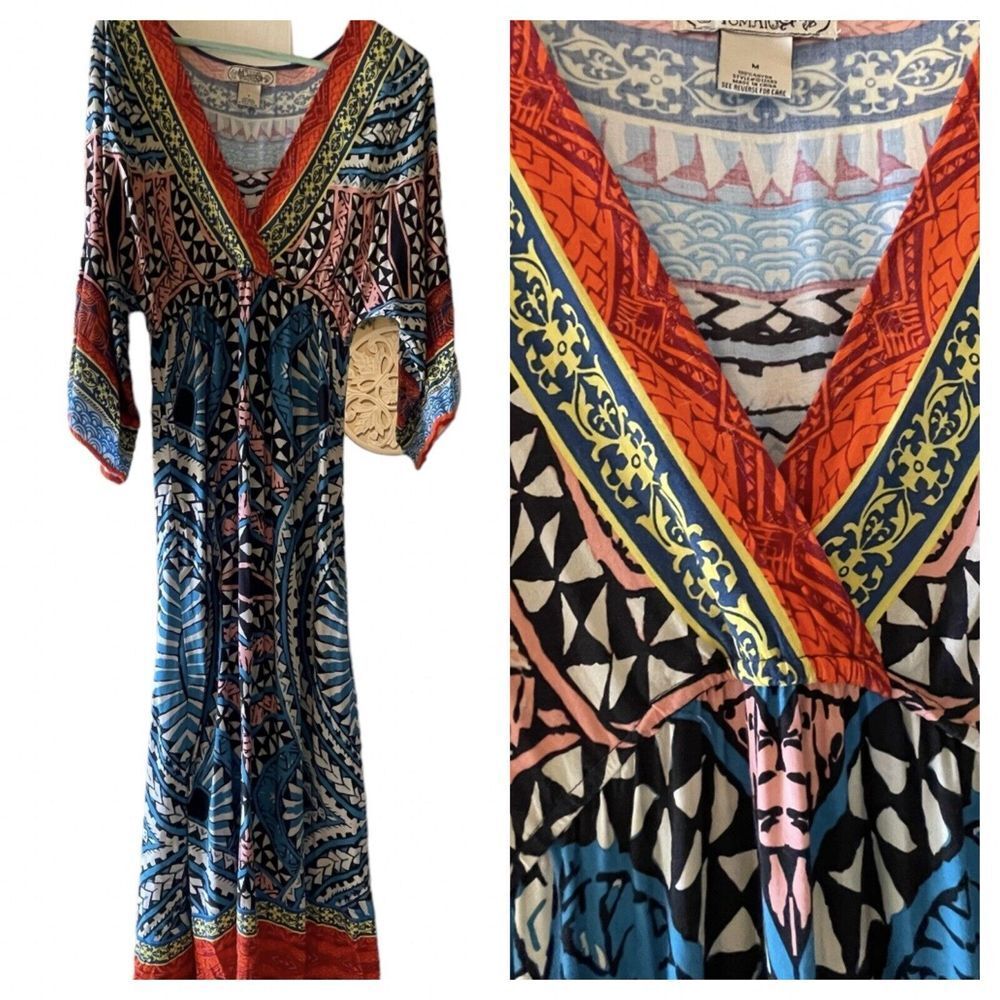 Boho V-Neck Maxi Dress in Blue & Coral